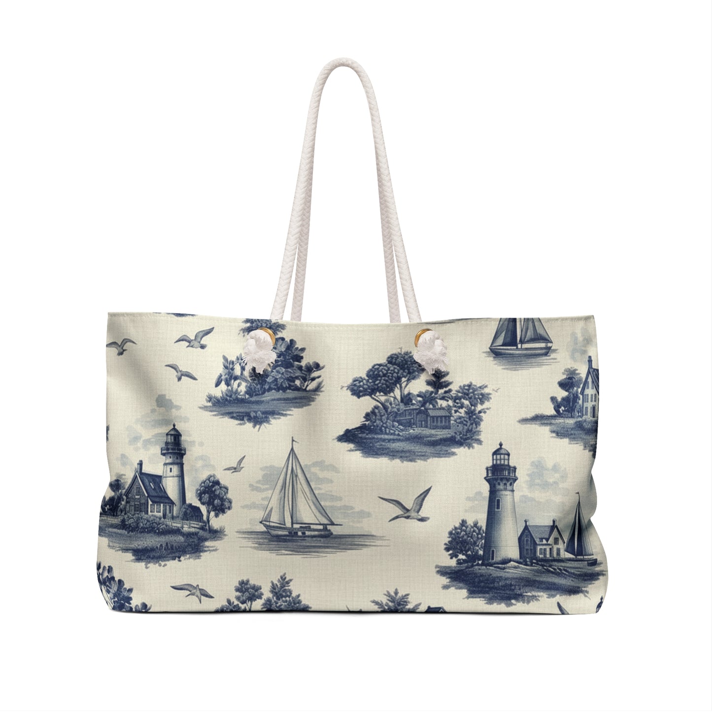 New England Coastal Heritage Weekender Bag | Vintage Blue & Ivory Travel Tote