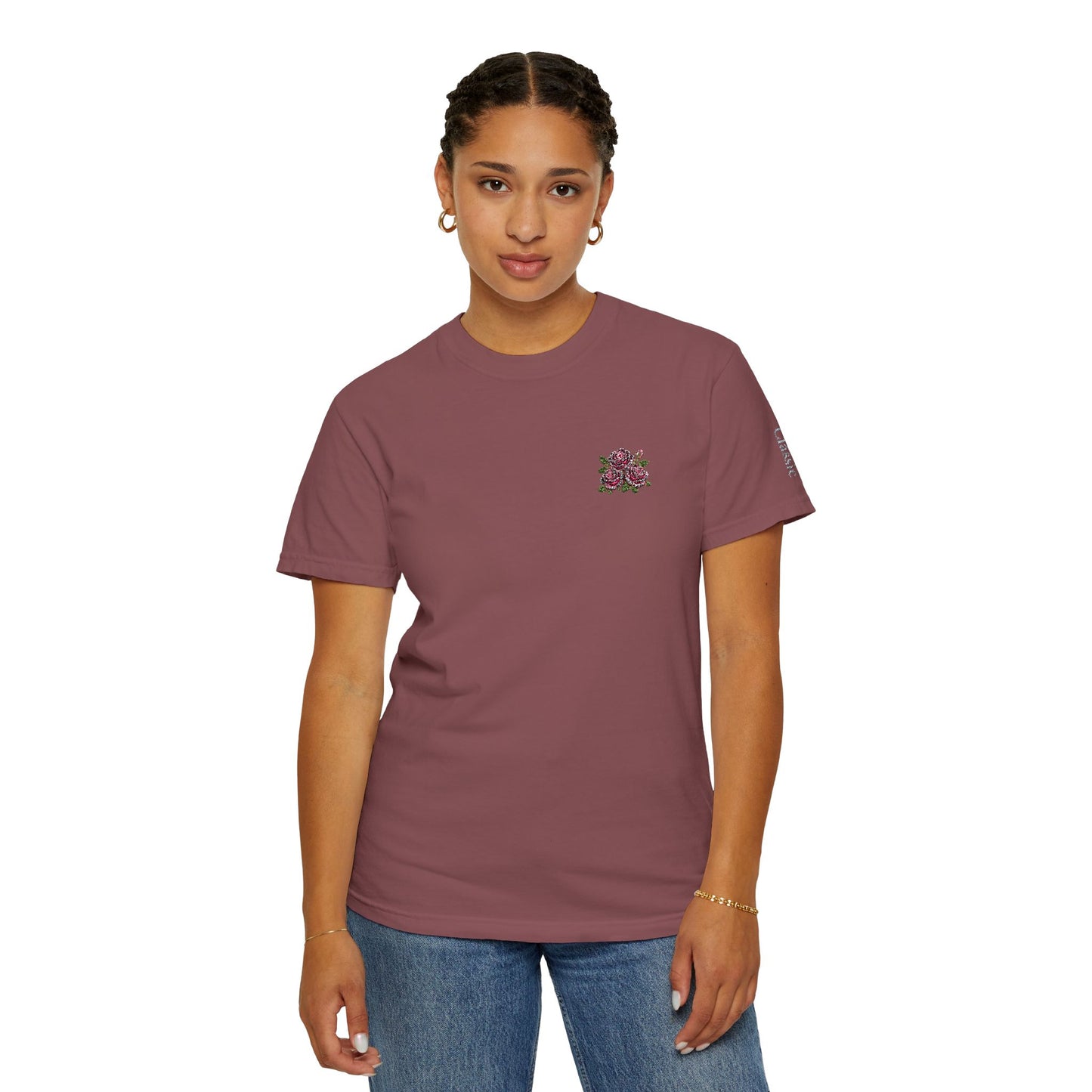 Simple Rose Bouquet Embroidered T-Shirt with Sleeve Detail