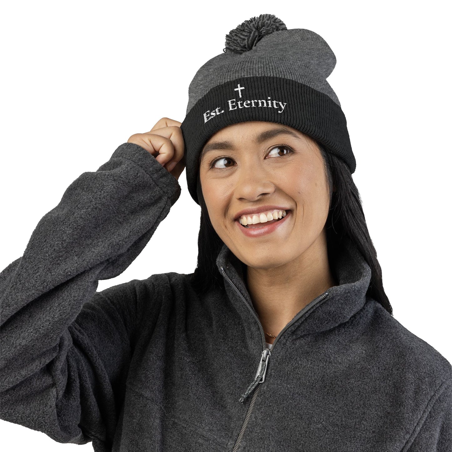 Embroidered 'Eve, Eternity' Pom-Pom Knit Cap — Cozy Christian Beanie