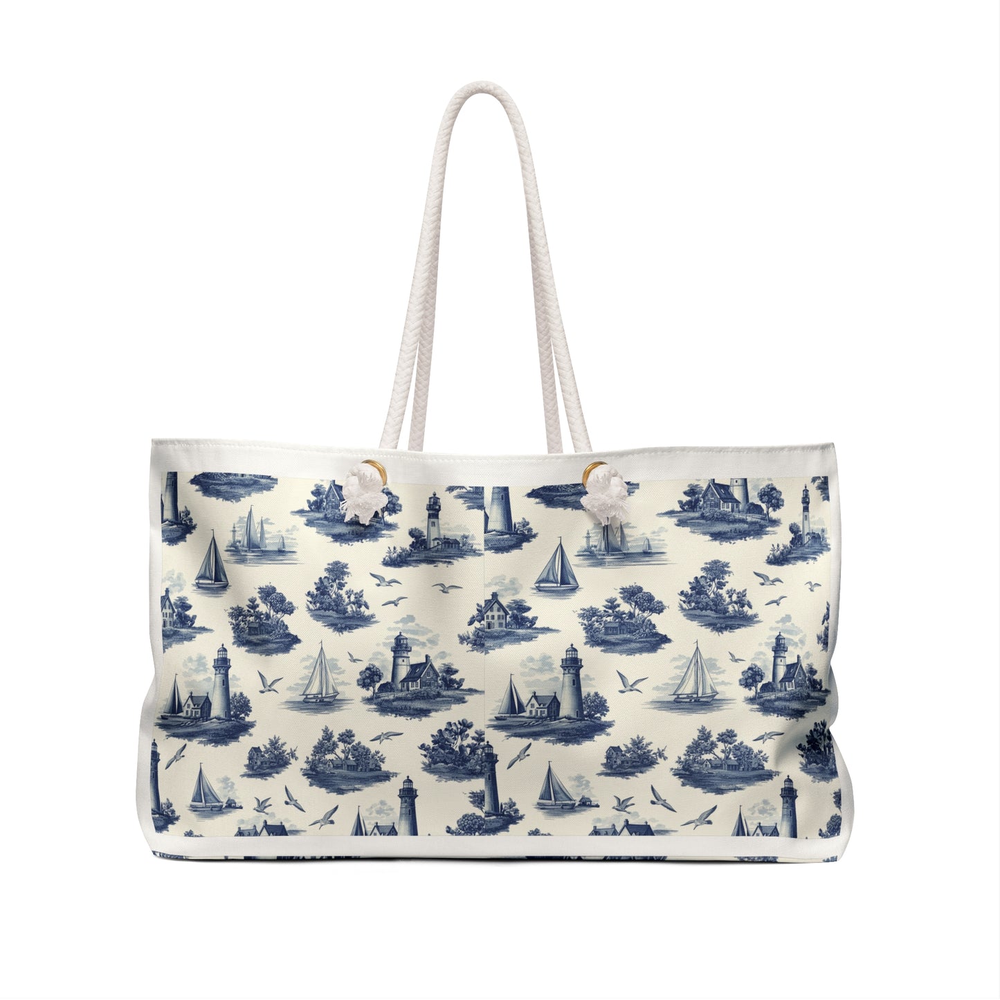 Nautical Toile Weekender Bag — Vintage Blue New England Coastal Travel Tote