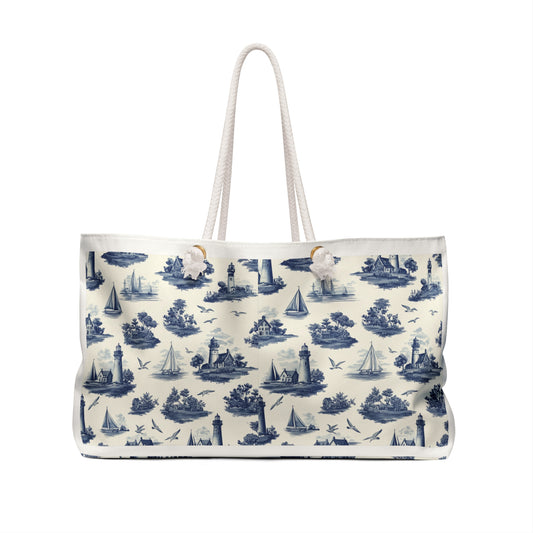 Nautical Toile Weekender Bag — Vintage Blue New England Coastal Travel Tote