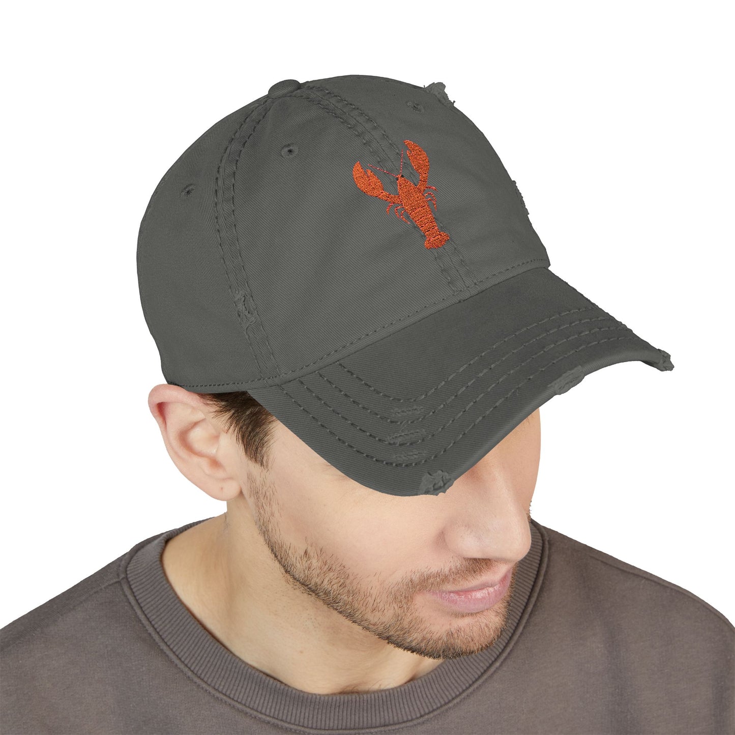 Distressed Embroidered Lobster Dad Hat — Vintage Washed Baseball Cap