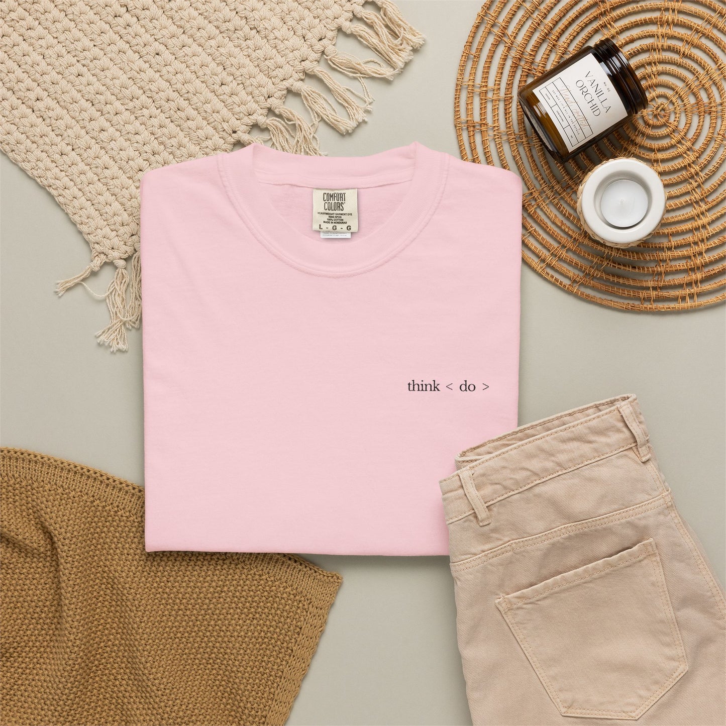 think < do > Embroidered Unisex T-Shirt | Espresso Thread with Momentum Sleeve Detail | Minimalist Everyday Tee