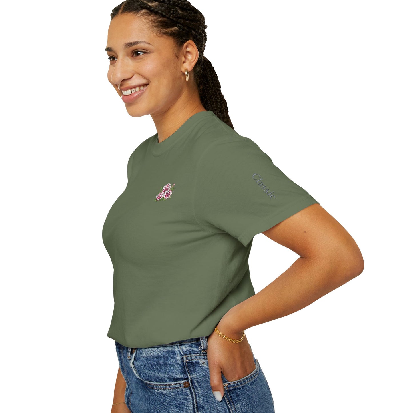 Simple Rose Bouquet Embroidered T-Shirt with Sleeve Detail