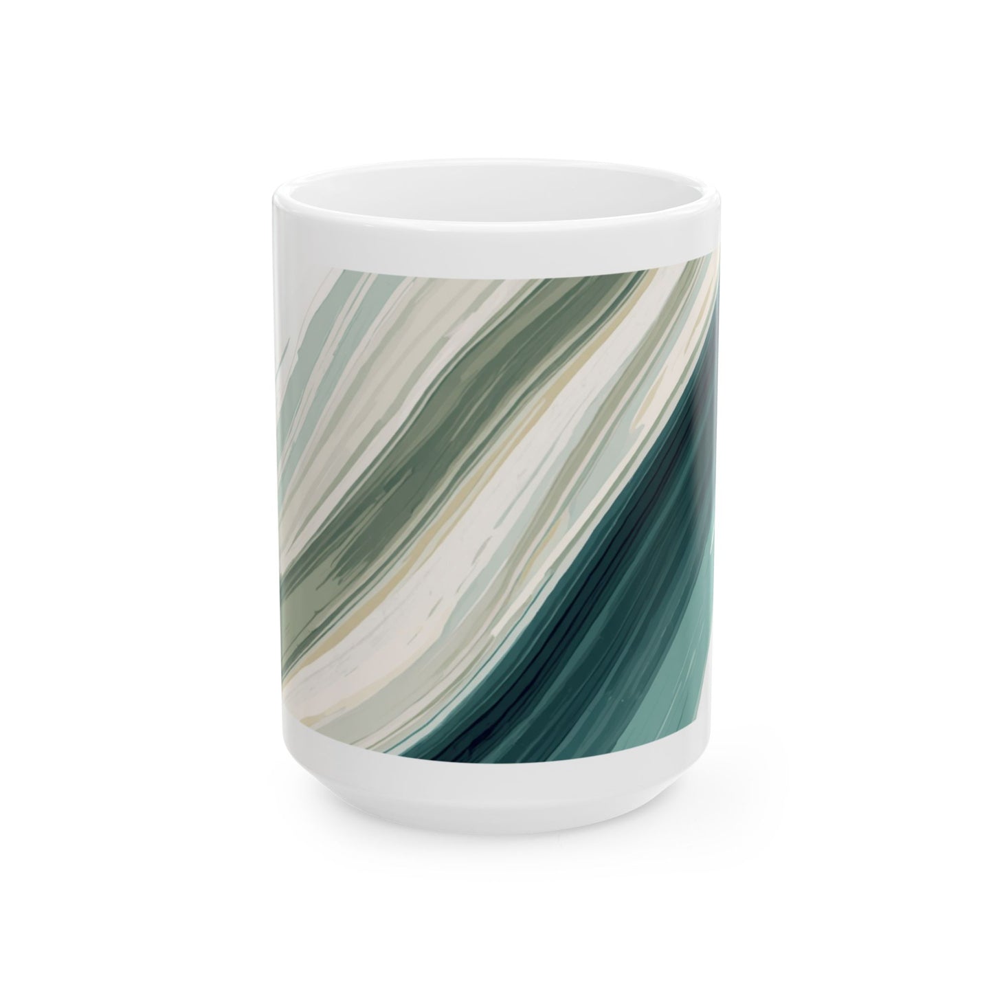 Abstract Green Brushstroke Ceramic Mug — Modern Marble Swirl Coffee Cup (15oz)