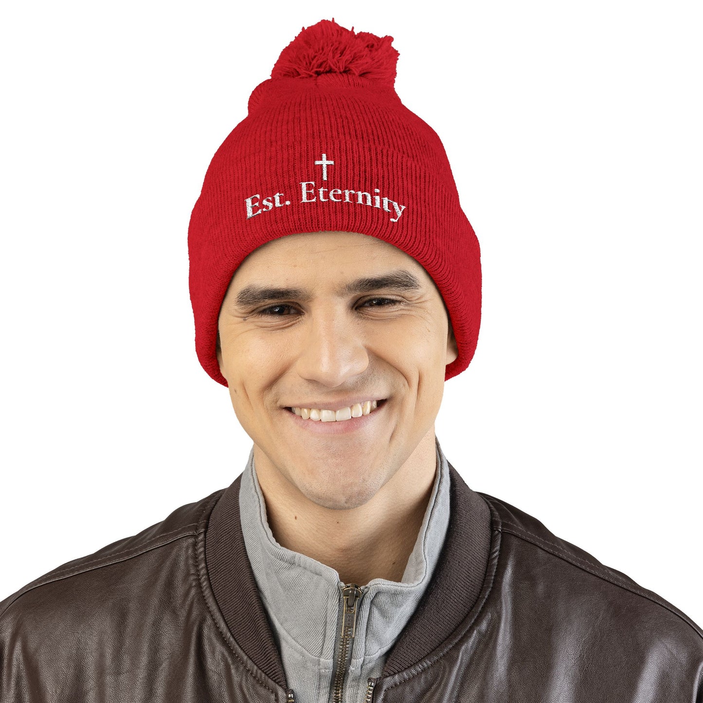 Embroidered 'Eve, Eternity' Pom-Pom Knit Cap — Cozy Christian Beanie