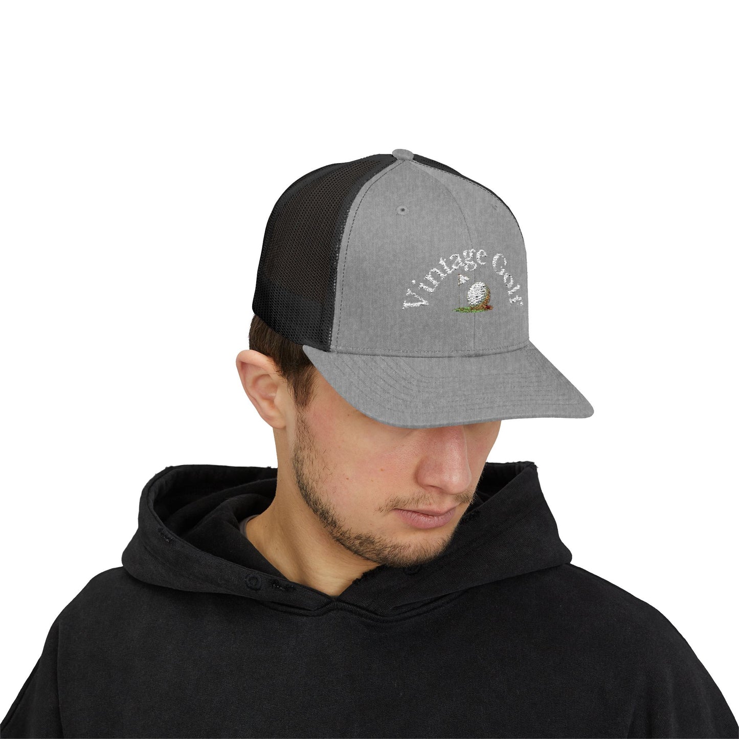 Vintage Golf Trucker Cap – Embroidered Golf Ball Flag Hat – Heritage Style Golf Hat