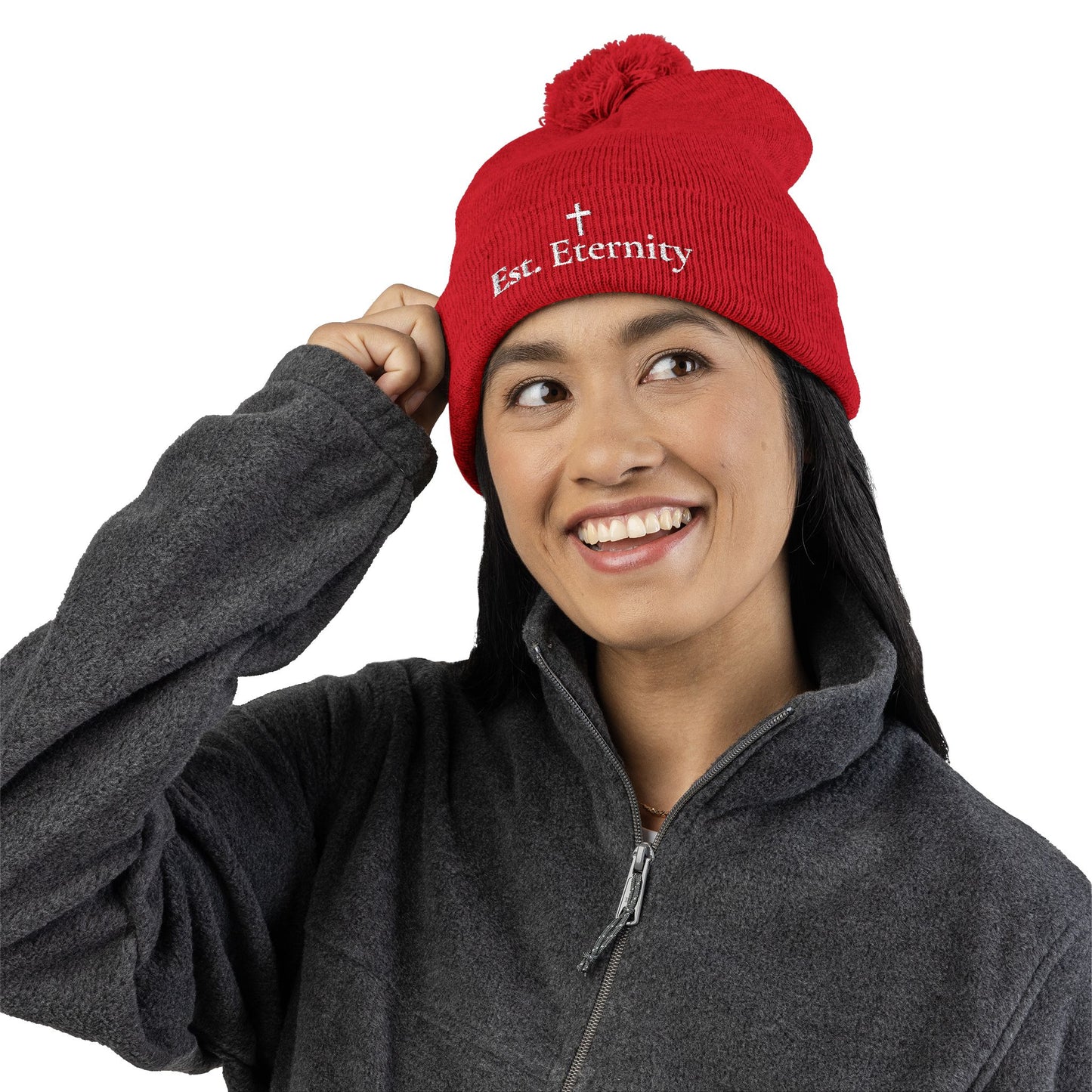 Embroidered 'Eve, Eternity' Pom-Pom Knit Cap — Cozy Christian Beanie