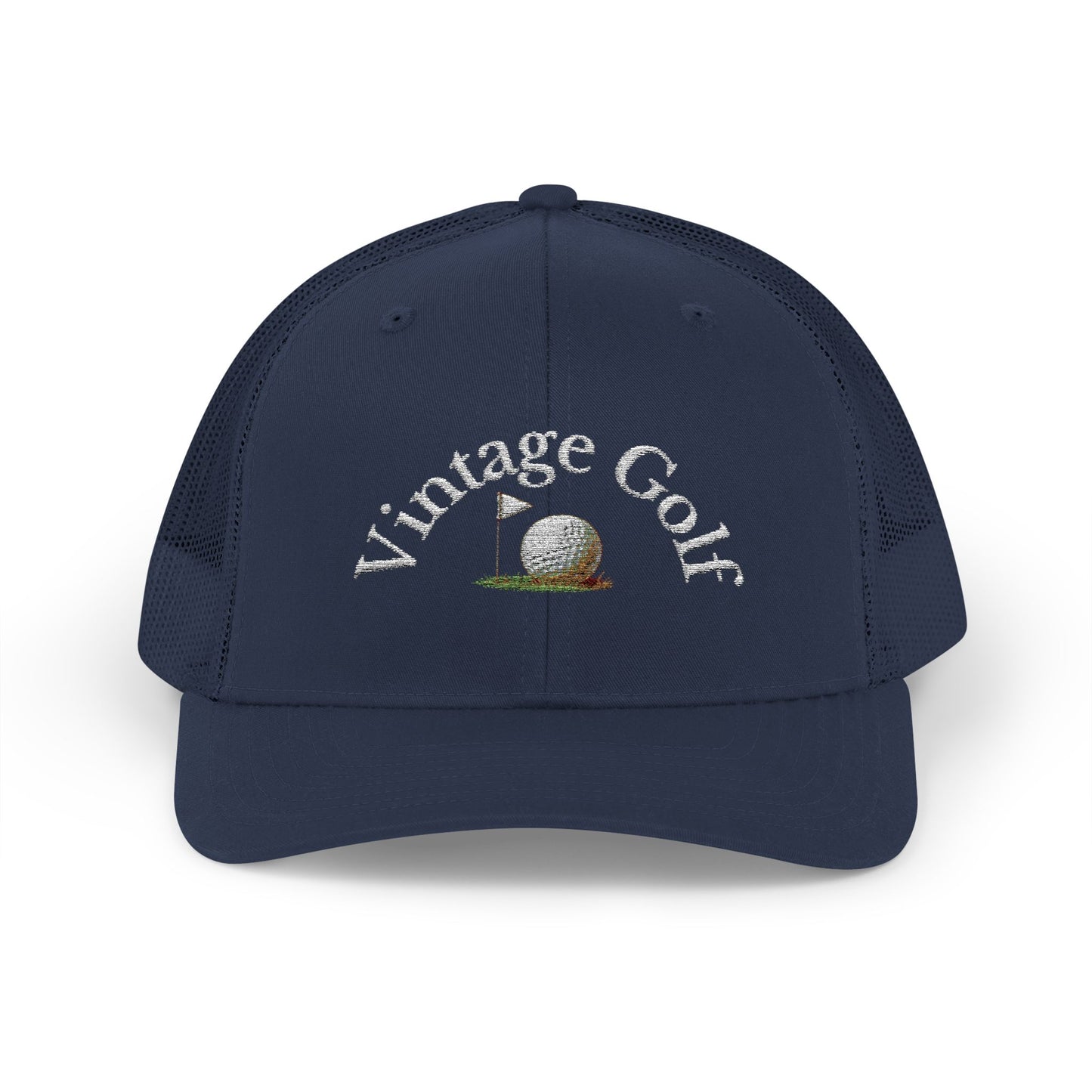 Vintage Golf Trucker Cap – Embroidered Golf Ball Flag Hat – Heritage Style Golf Hat
