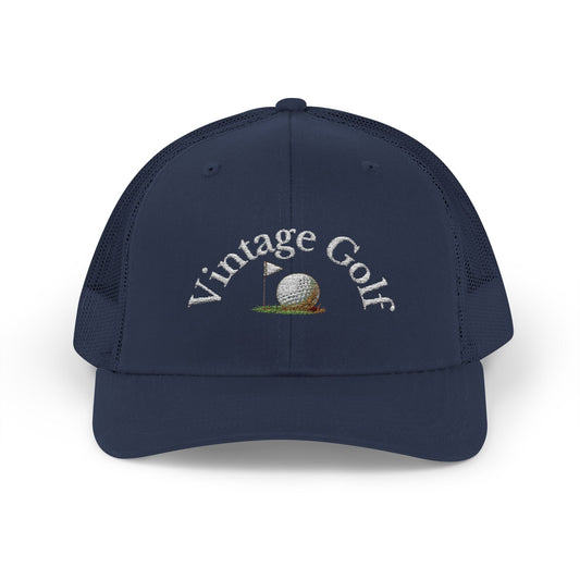 Vintage Golf Trucker Cap – Embroidered Golf Ball Flag Hat – Heritage Style Golf Hat
