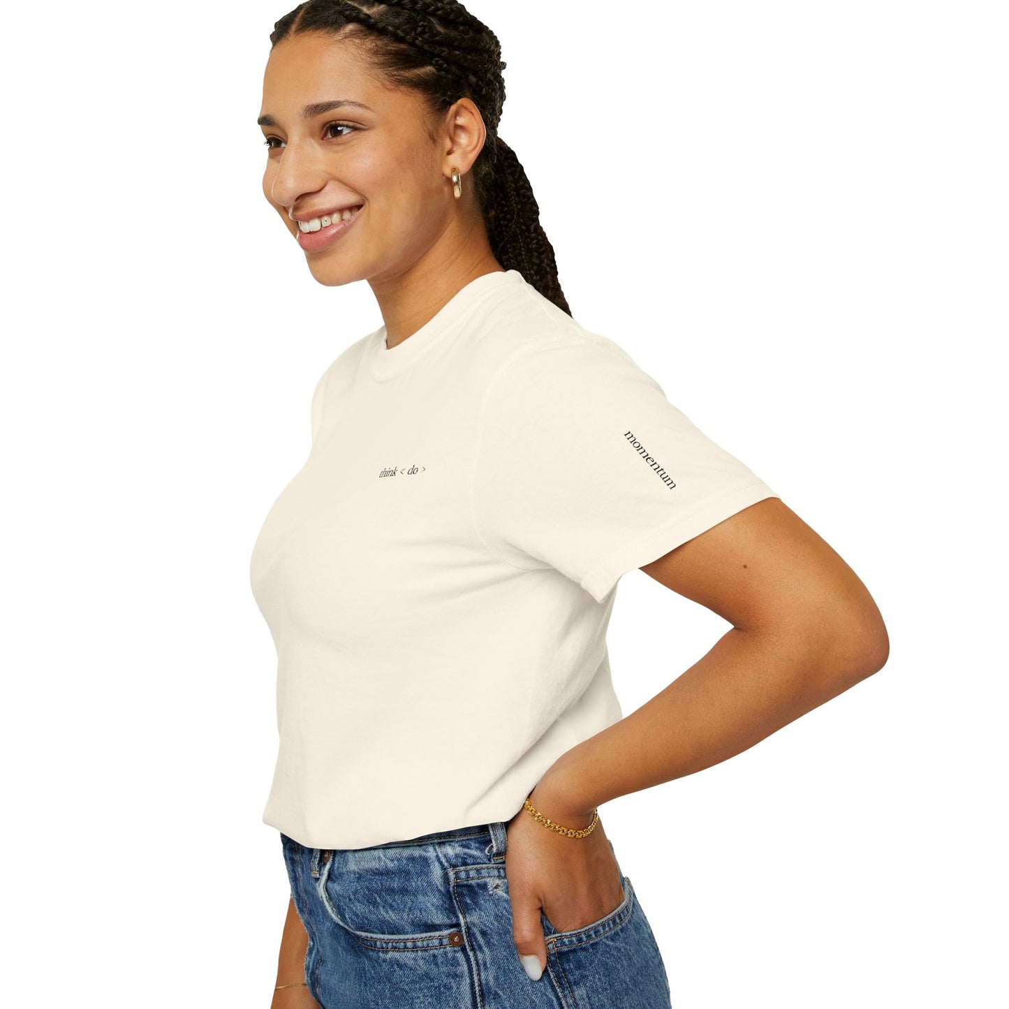 think < do > Embroidered Unisex T-Shirt | Espresso Thread with Momentum Sleeve Detail | Minimalist Everyday Tee