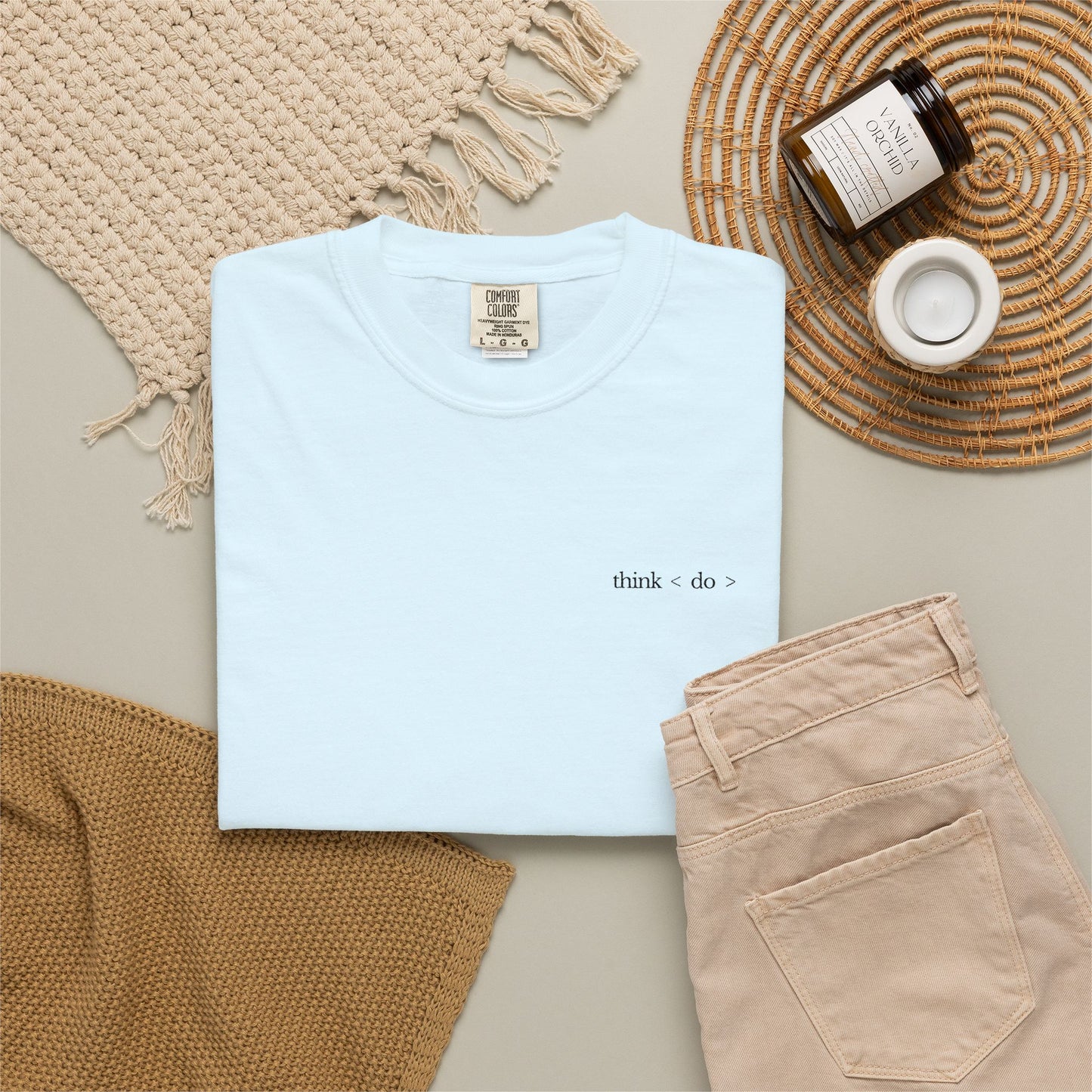 think < do > Embroidered Unisex T-Shirt | Espresso Thread with Momentum Sleeve Detail | Minimalist Everyday Tee