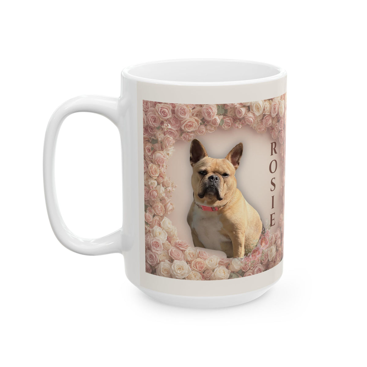 Personalized Floral Dog Mug - 'Rosie’ French Bulldog Ceramic Coffee Cup (15oz)