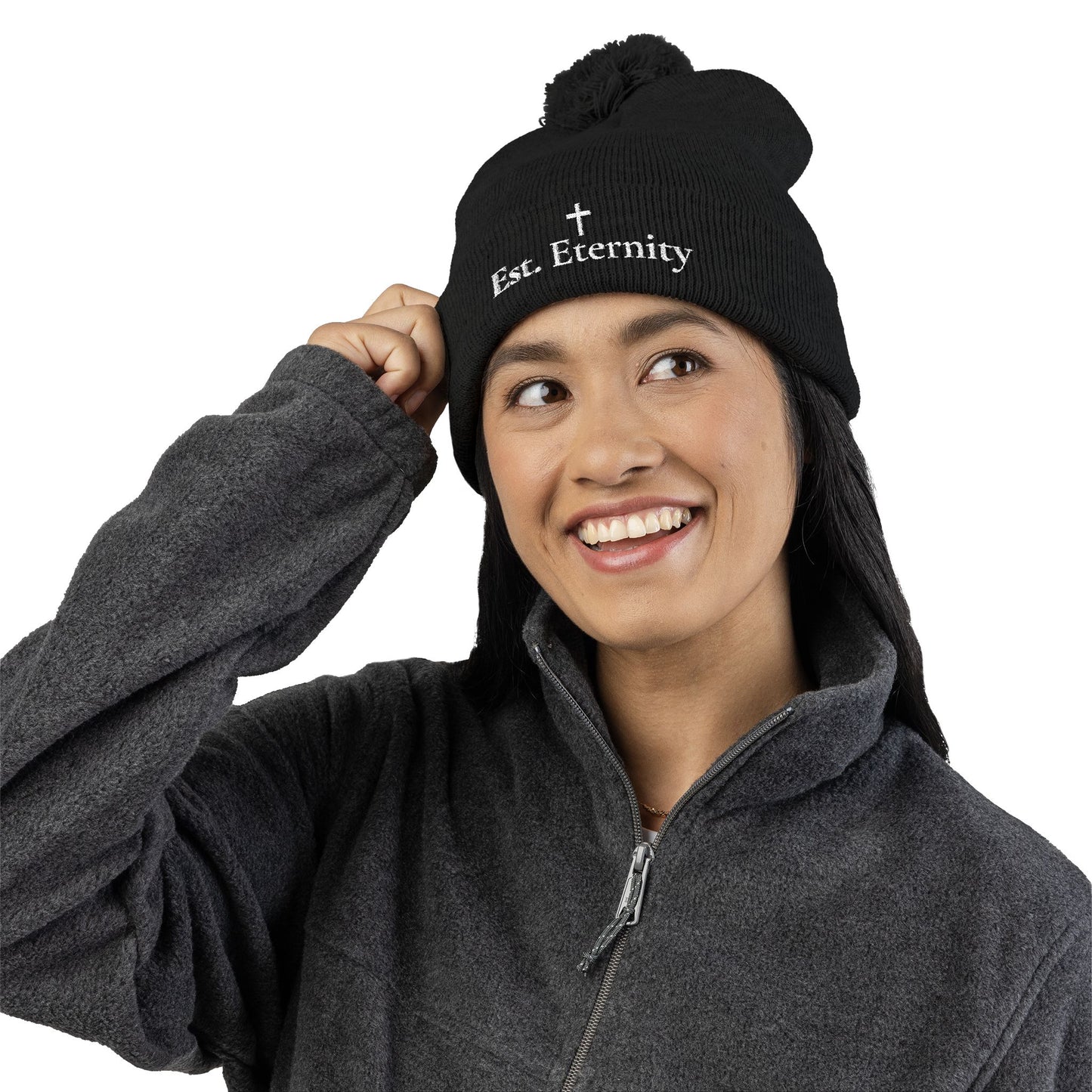 Embroidered 'Eve, Eternity' Pom-Pom Knit Cap — Cozy Christian Beanie