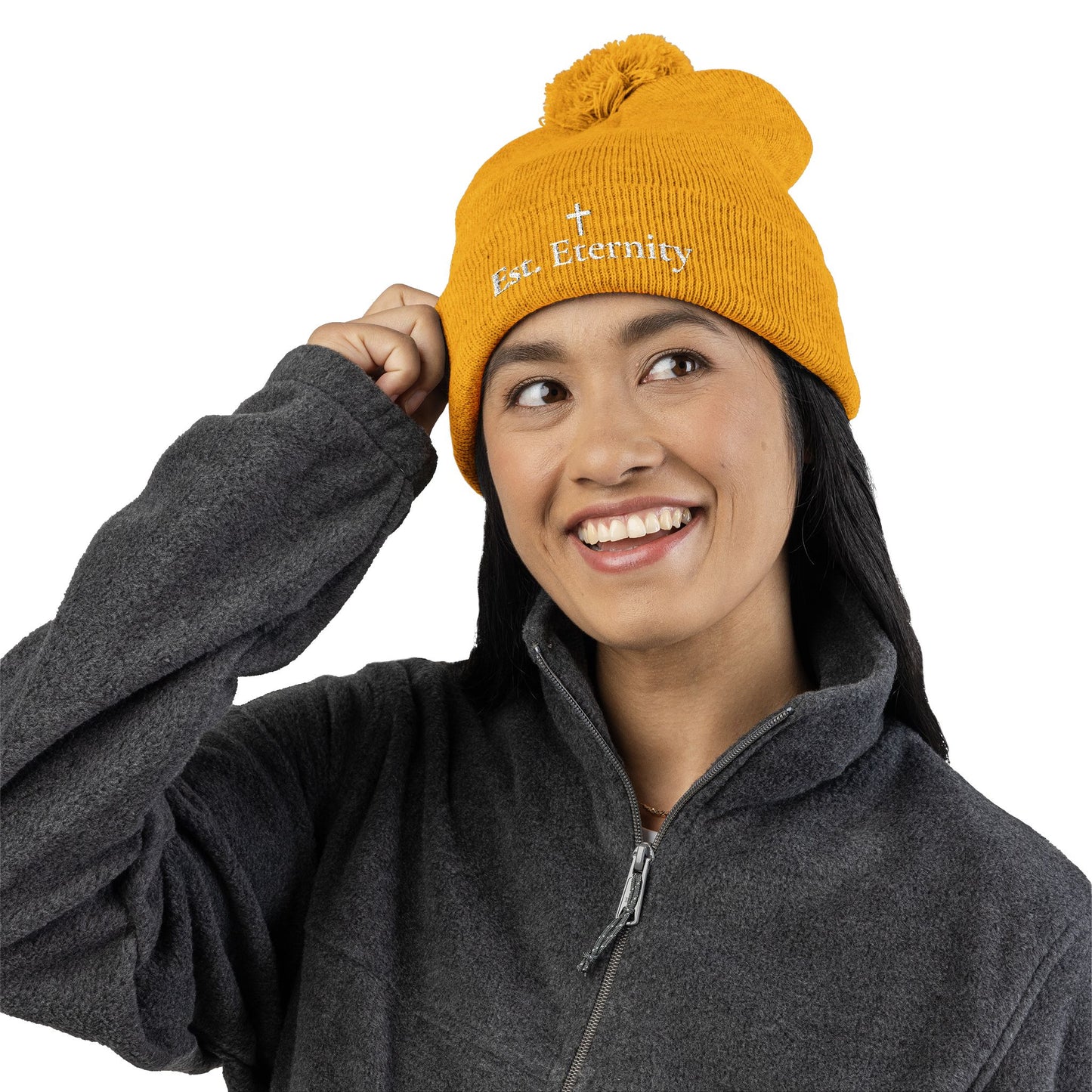 Embroidered 'Eve, Eternity' Pom-Pom Knit Cap — Cozy Christian Beanie