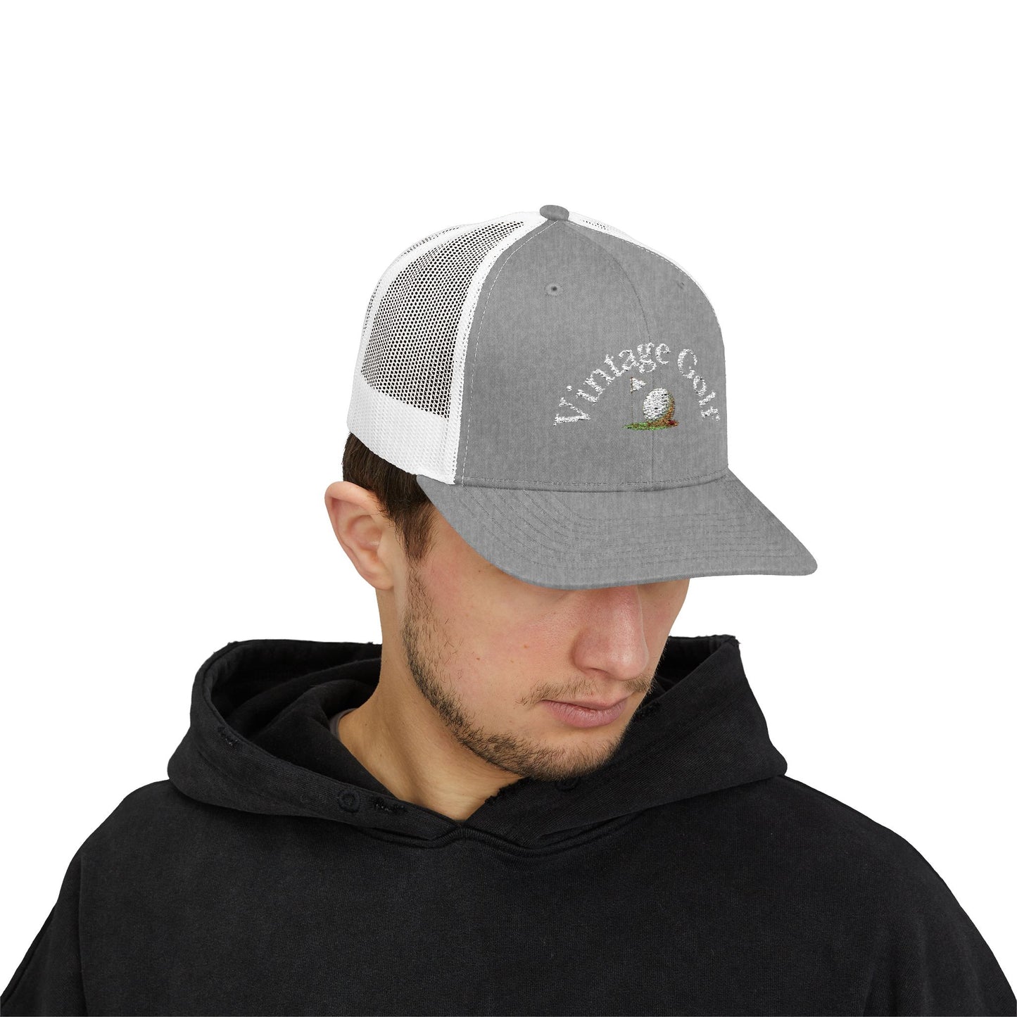 Vintage Golf Trucker Cap – Embroidered Golf Ball Flag Hat – Heritage Style Golf Hat
