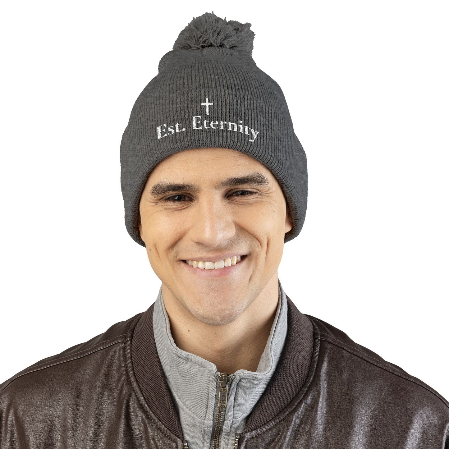 Embroidered 'Eve, Eternity' Pom-Pom Knit Cap — Cozy Christian Beanie