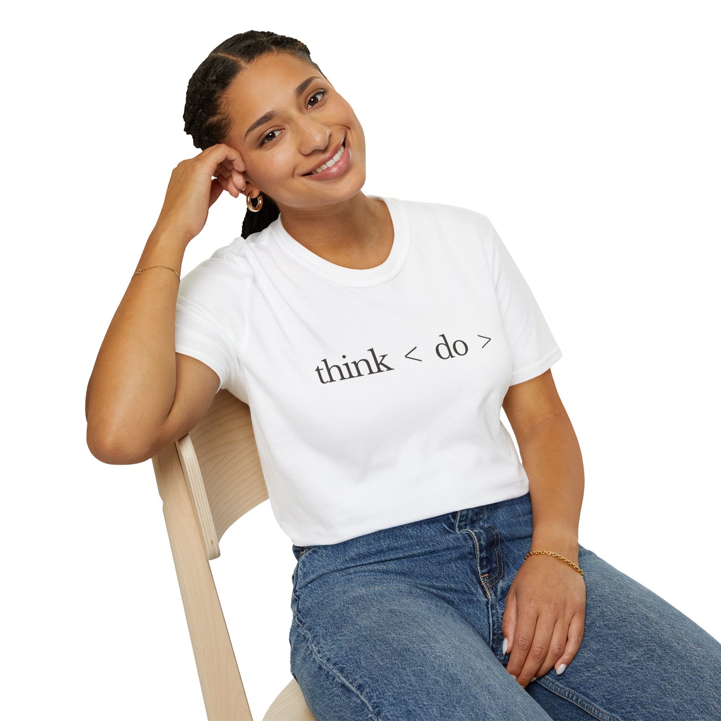 think < do > Unisex Softstyle T-Shirt | Minimalist Inspirational Tee with Momentum Back Detail