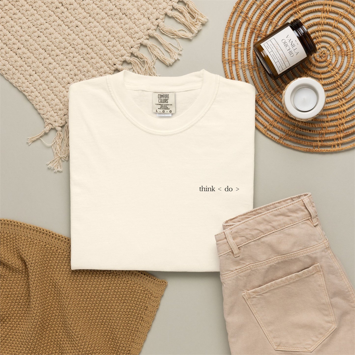 think < do > Embroidered Unisex T-Shirt | Espresso Thread with Momentum Sleeve Detail | Minimalist Everyday Tee