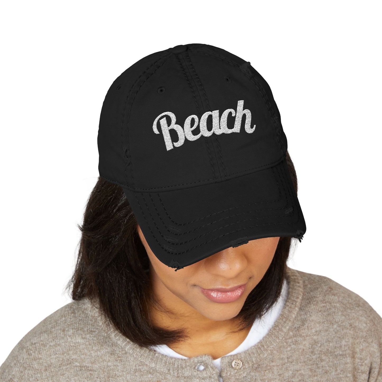 Beach Embroidered Distressed Dad Hat — Vintage Washed Baseball Cap