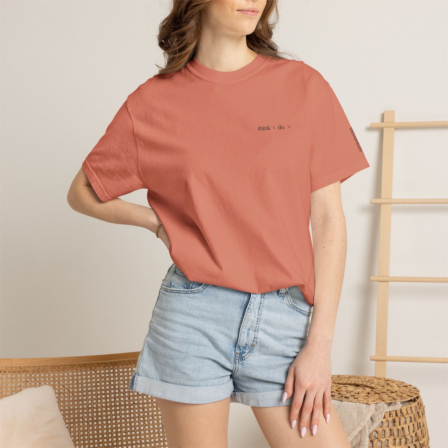 think < do > Embroidered Unisex T-Shirt | Espresso Thread with Momentum Sleeve Detail | Minimalist Everyday Tee