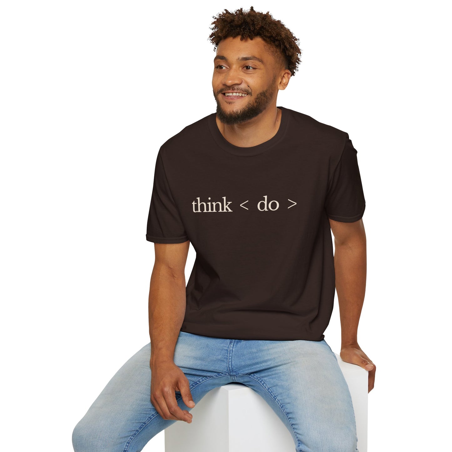 think < do > Unisex Softstyle T-Shirt | Minimalist Inspirational Tee with Momentum Back Detail