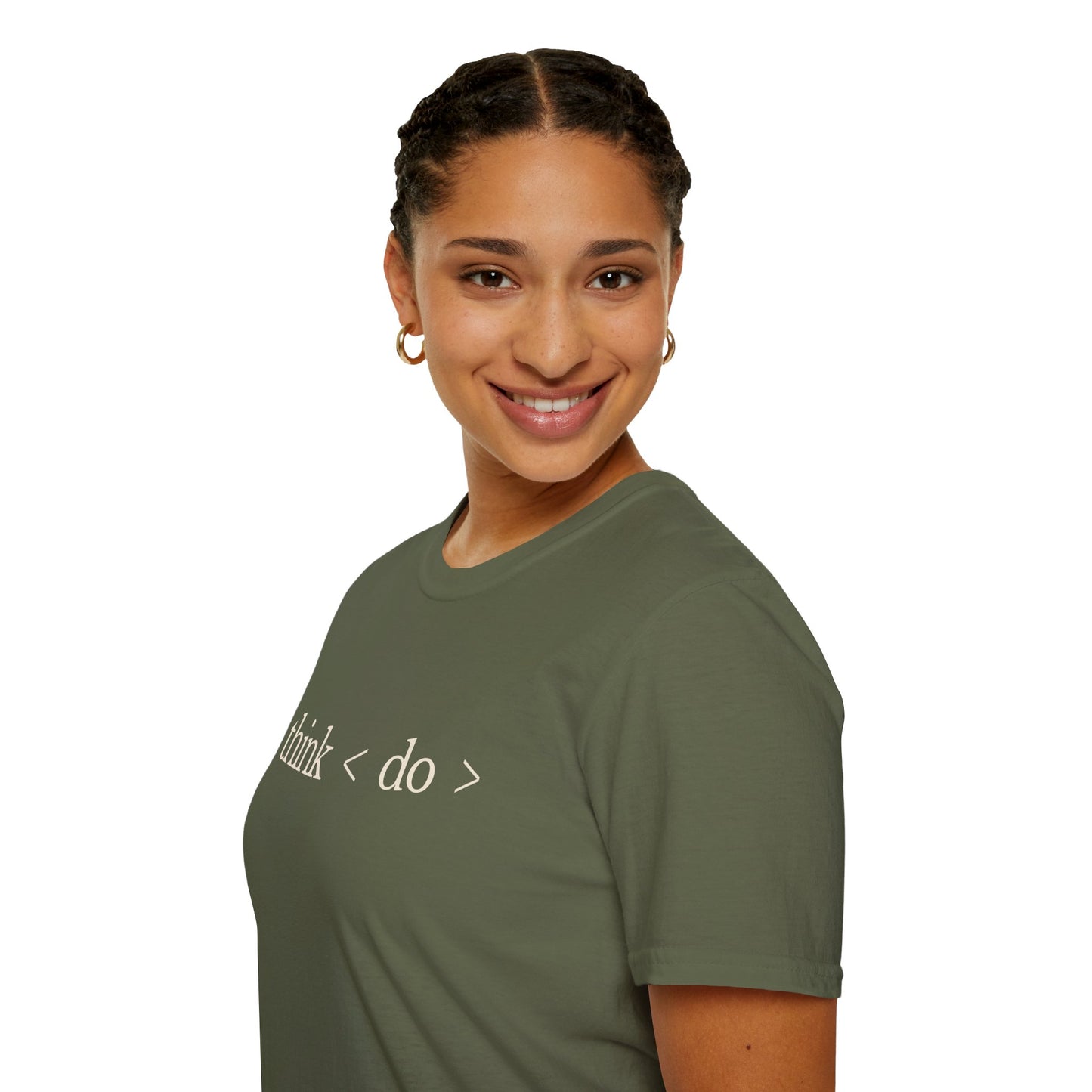 think < do > Unisex Softstyle T-Shirt | Minimalist Inspirational Tee with Momentum Back Detail