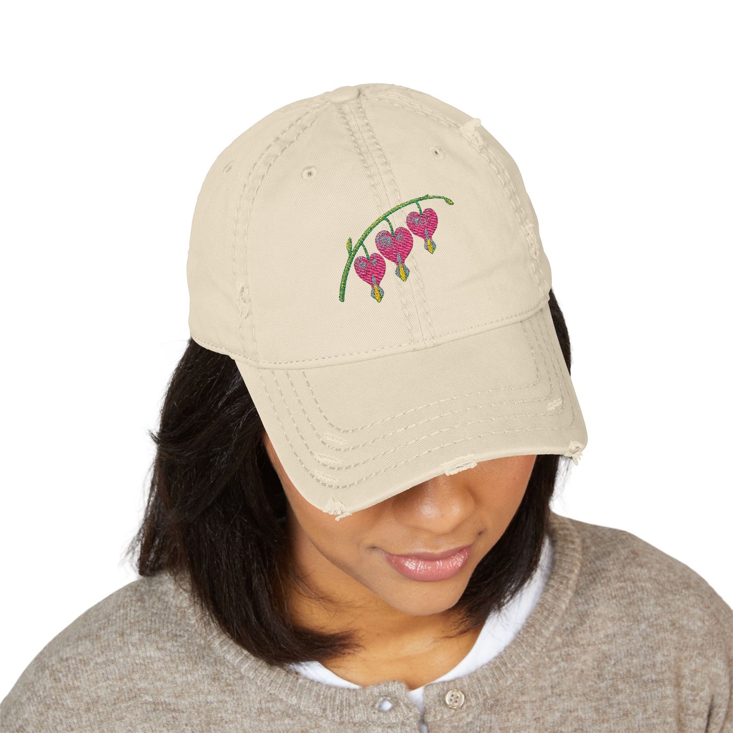 Embroidered Distressed Dad Hat — Bleeding Heart Floral with “Mom” Back