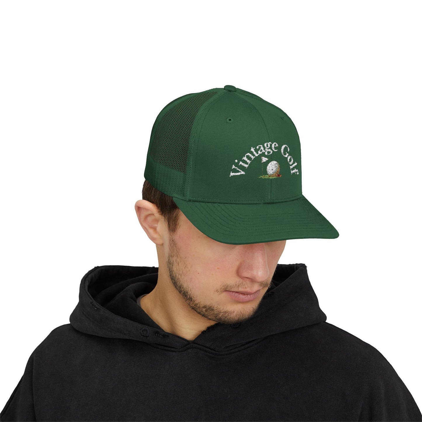 Vintage Golf Trucker Cap – Embroidered Golf Ball Flag Hat – Heritage Style Golf Hat