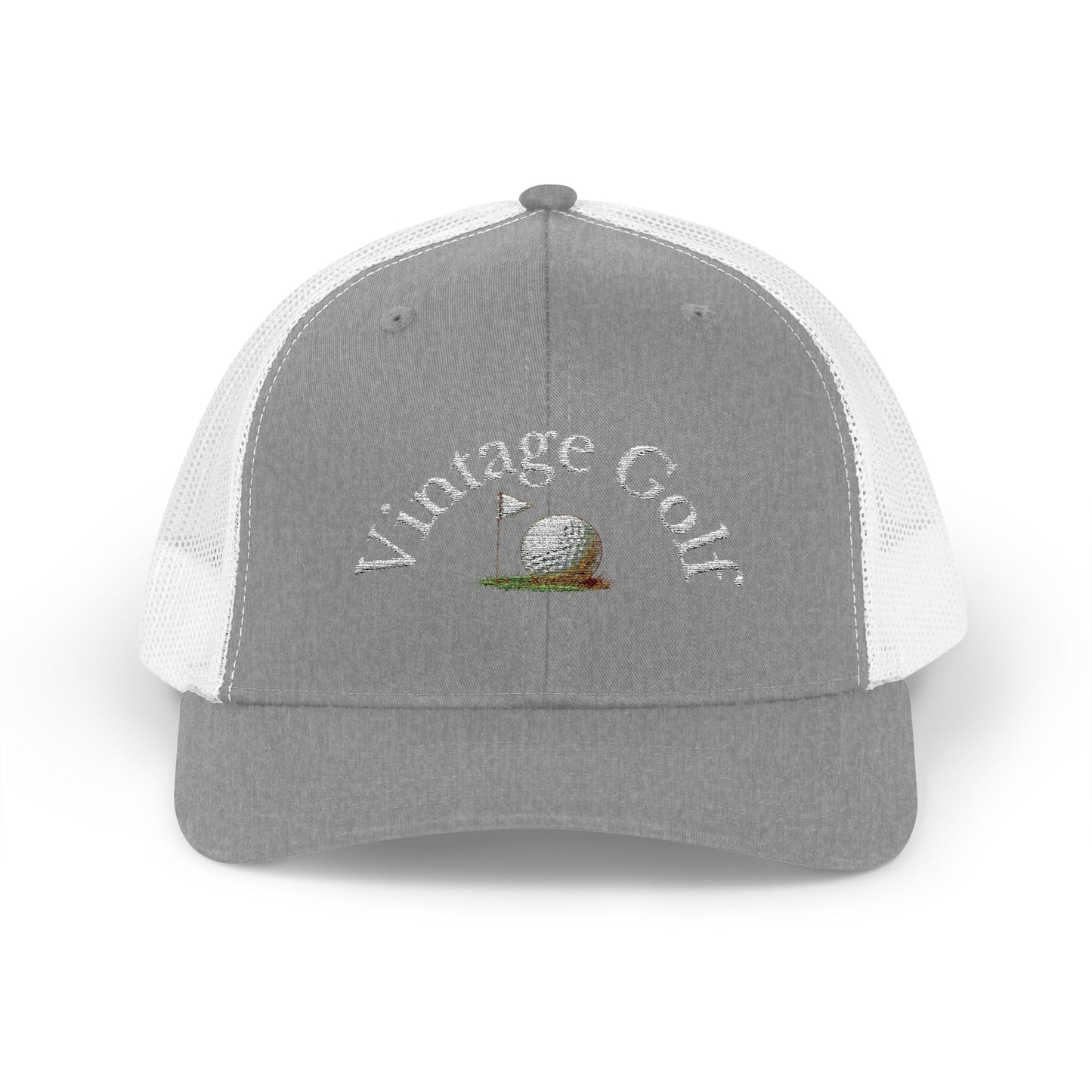 Vintage Golf Trucker Cap – Embroidered Golf Ball Flag Hat – Heritage Style Golf Hat