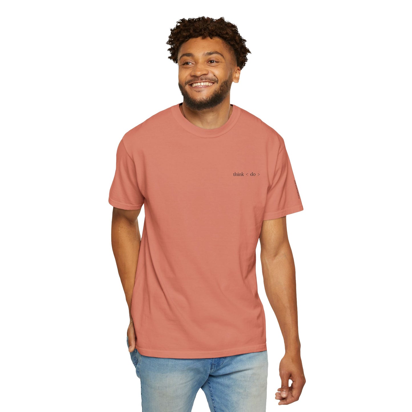 think < do > Embroidered Unisex T-Shirt | Espresso Thread with Momentum Sleeve Detail | Minimalist Everyday Tee
