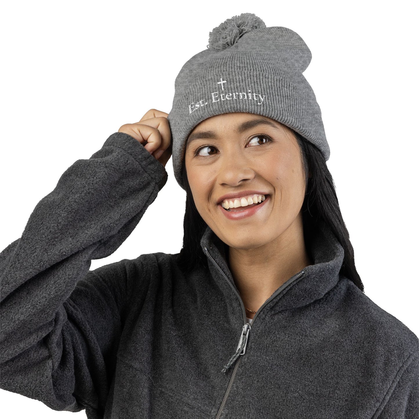 Embroidered 'Eve, Eternity' Pom-Pom Knit Cap — Cozy Christian Beanie