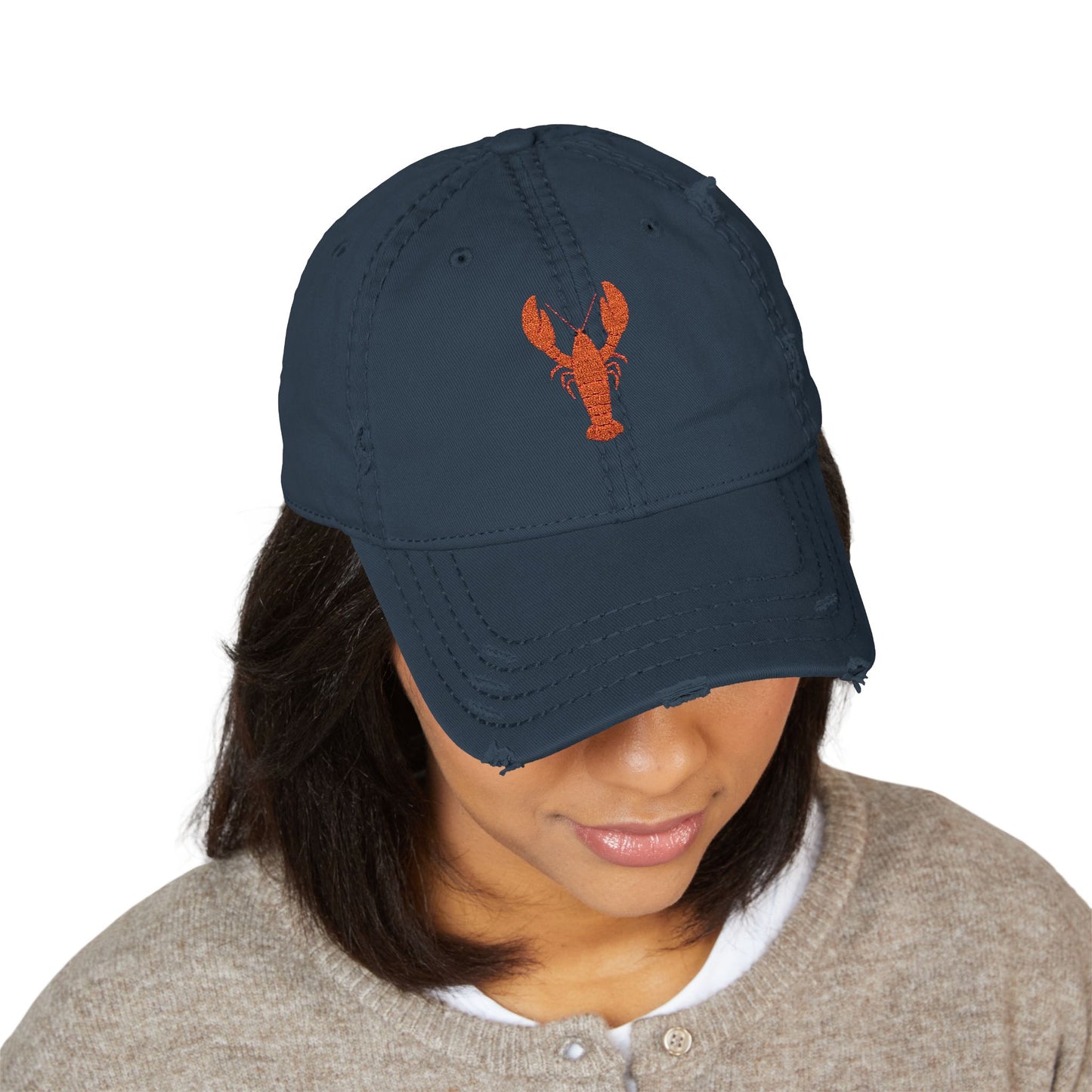 Distressed Embroidered Lobster Dad Hat — Vintage Washed Baseball Cap