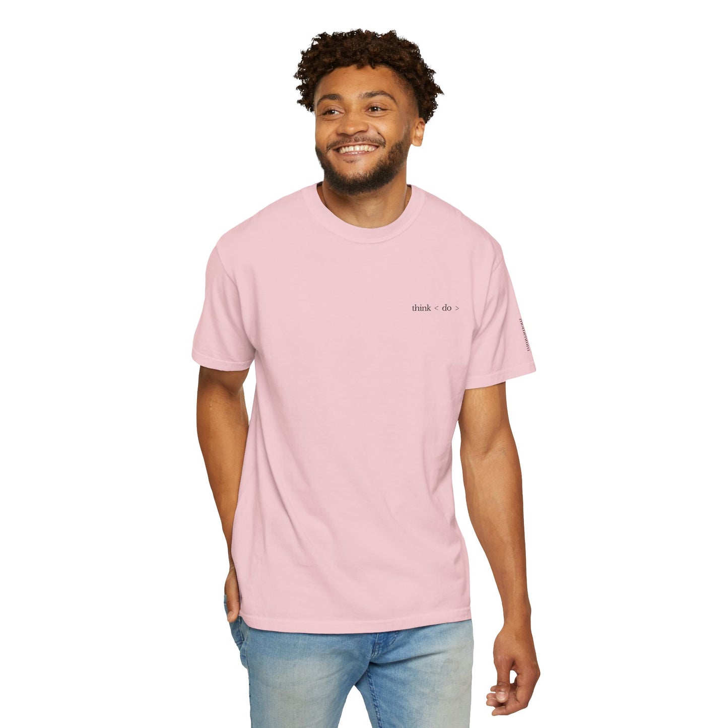 think < do > Embroidered Unisex T-Shirt | Espresso Thread with Momentum Sleeve Detail | Minimalist Everyday Tee