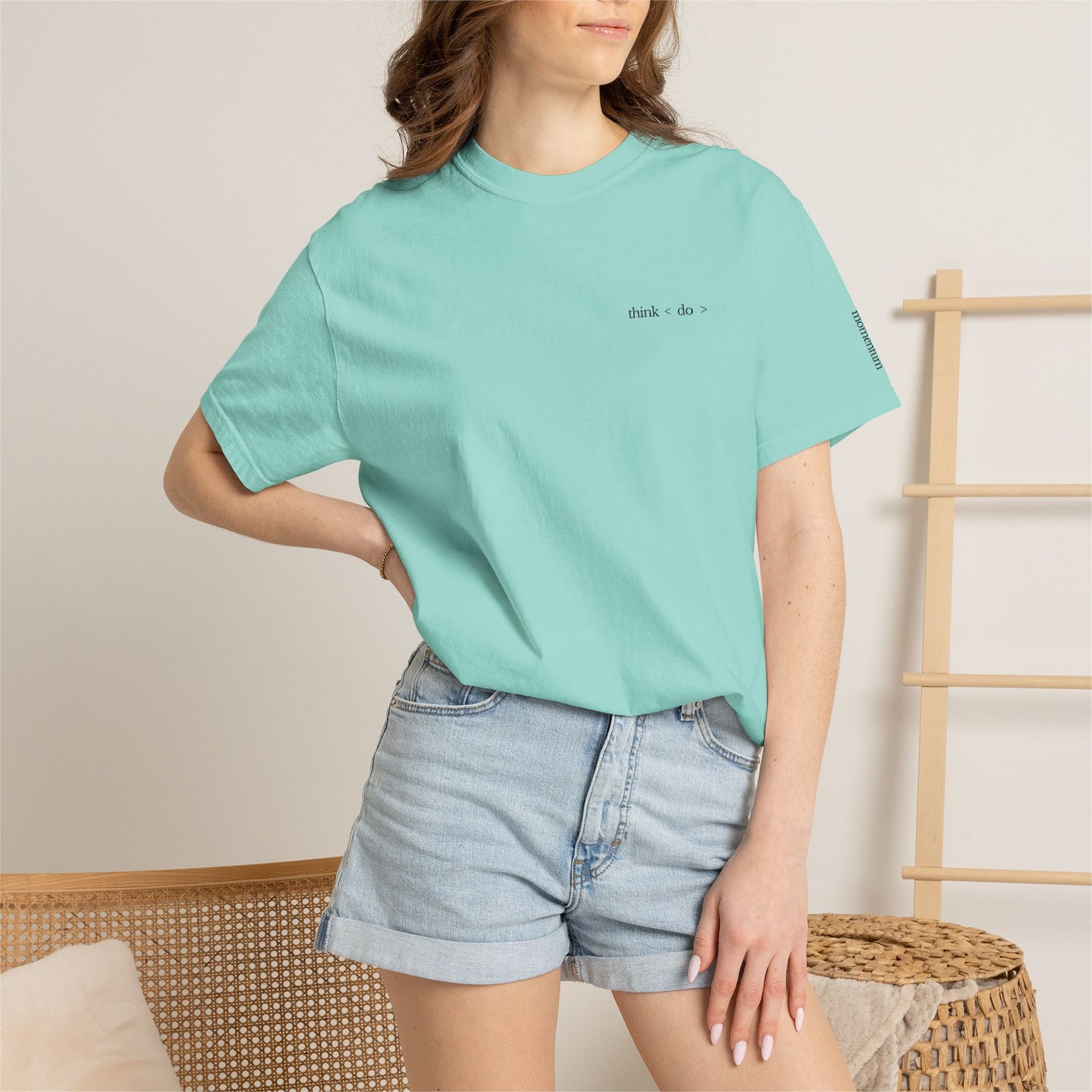 think < do > Embroidered Unisex T-Shirt | Espresso Thread with Momentum Sleeve Detail | Minimalist Everyday Tee