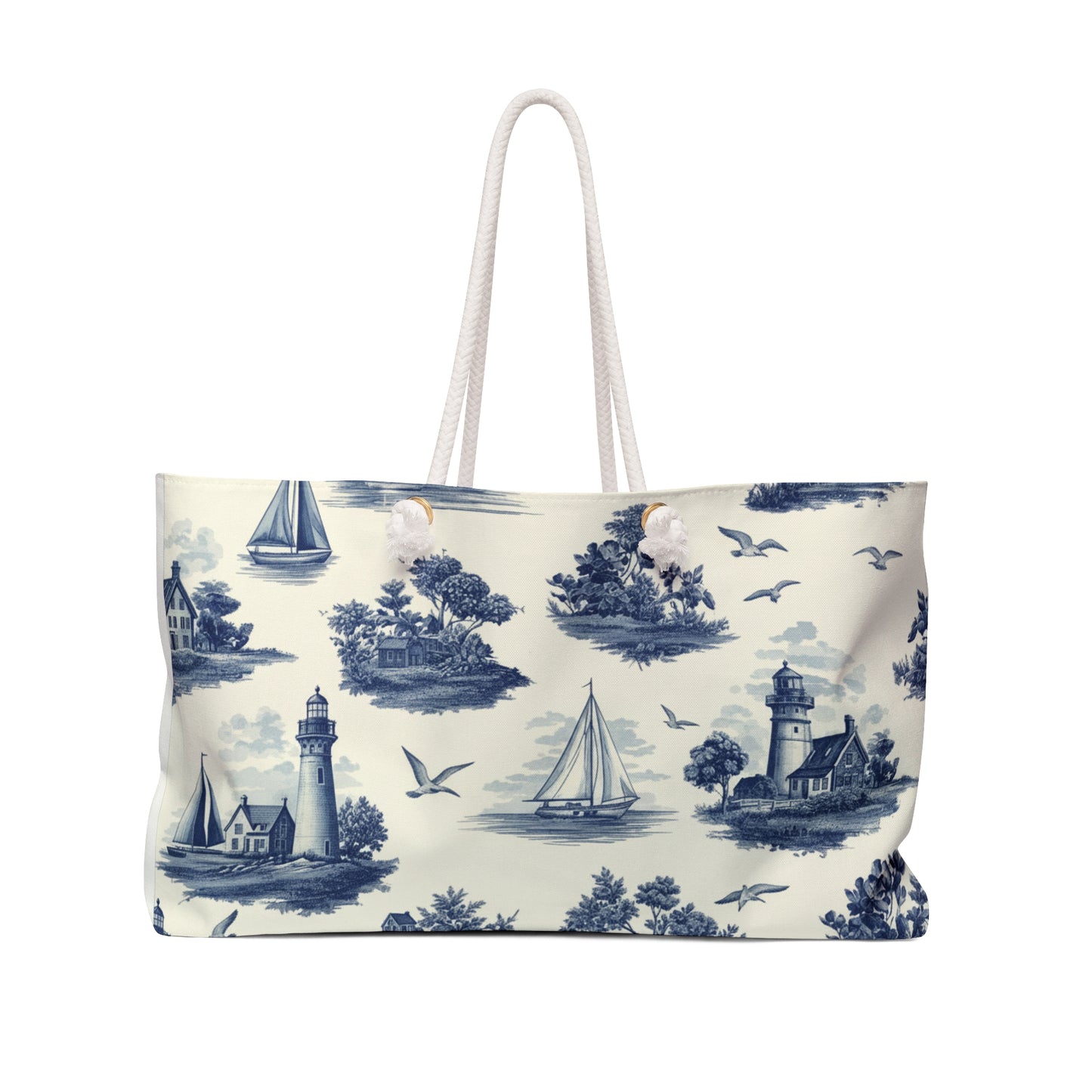 Nautical Toile Weekender Bag — Vintage Blue New England Coastal Travel Tote