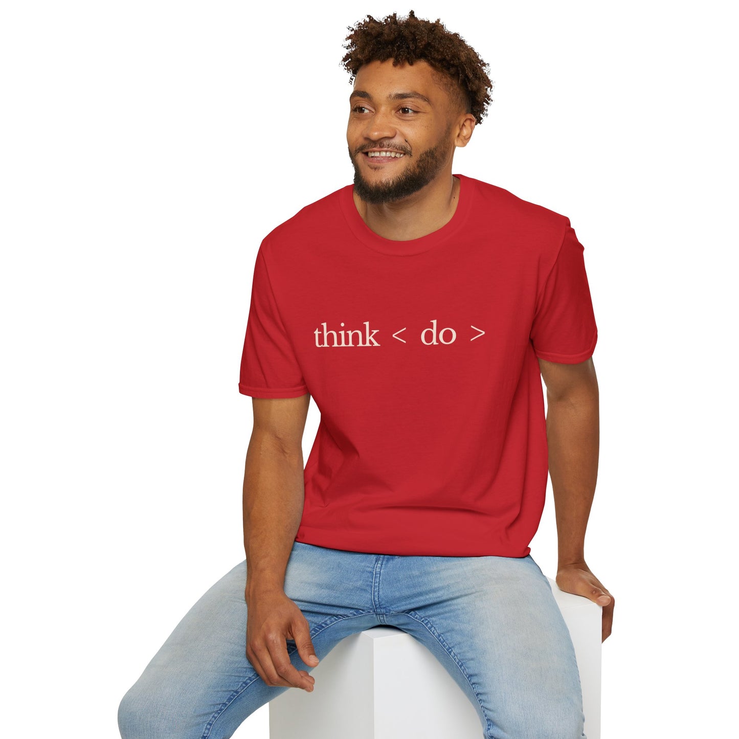 think < do > Unisex Softstyle T-Shirt | Minimalist Inspirational Tee with Momentum Back Detail