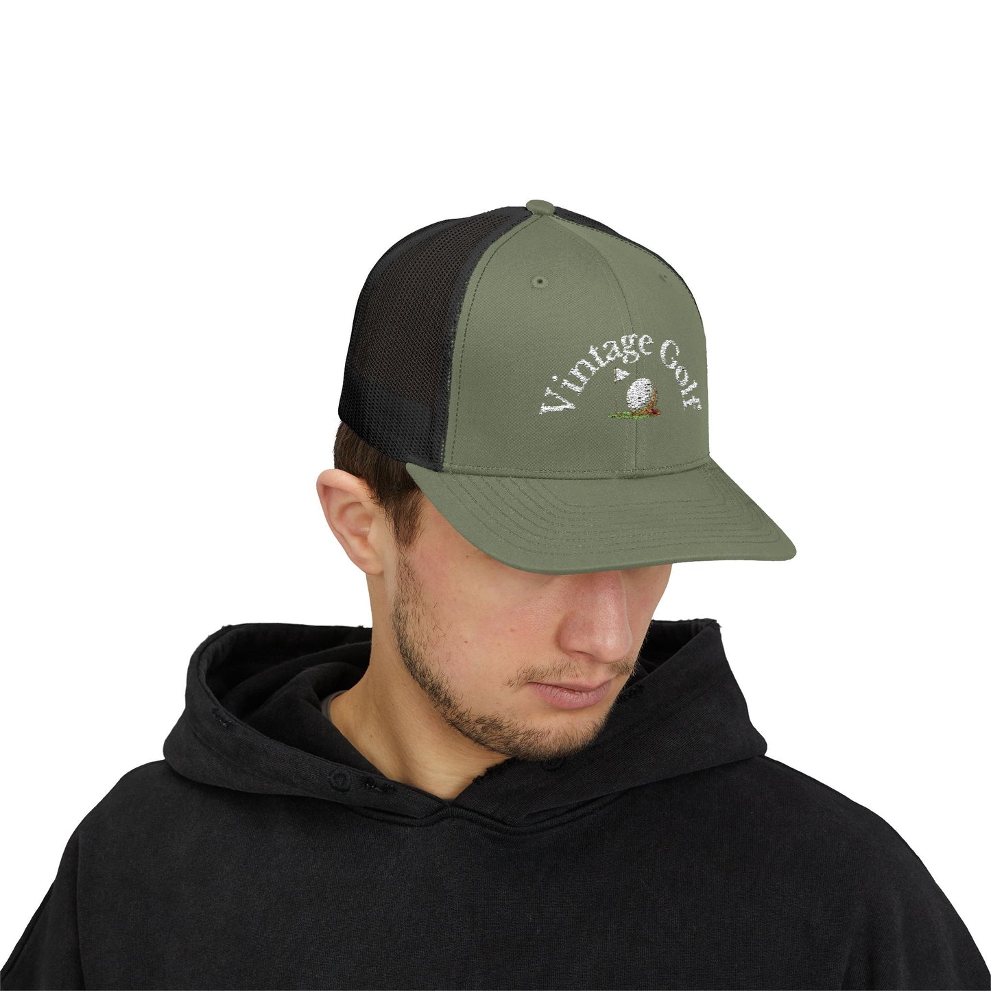 Vintage Golf Trucker Cap – Embroidered Golf Ball Flag Hat – Heritage Style Golf Hat