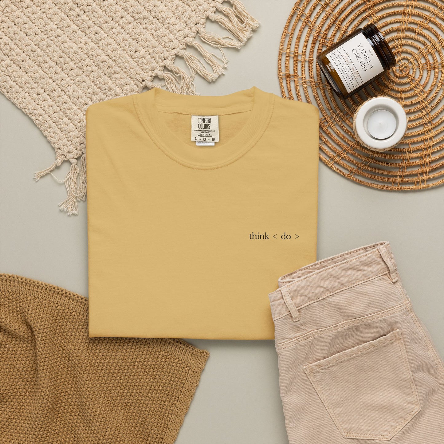 think < do > Embroidered Unisex T-Shirt | Espresso Thread with Momentum Sleeve Detail | Minimalist Everyday Tee