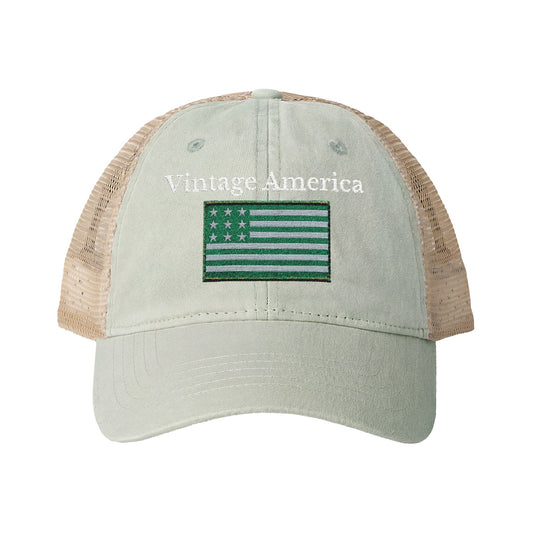 Vintage America Women’s Washed Mesh-Back Cap – Embroidered Olive Heritage Flag Hat