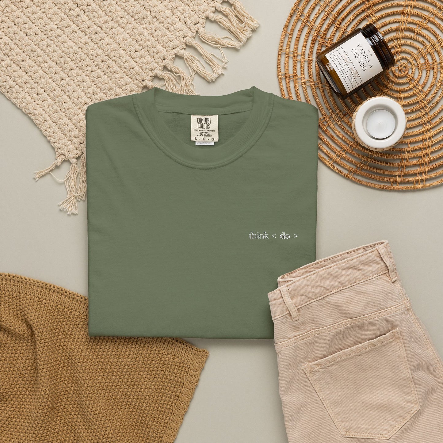 Think < Do > Embroidered Unisex T-Shirt | Minimalist Everyday Tee | Ivory Thread