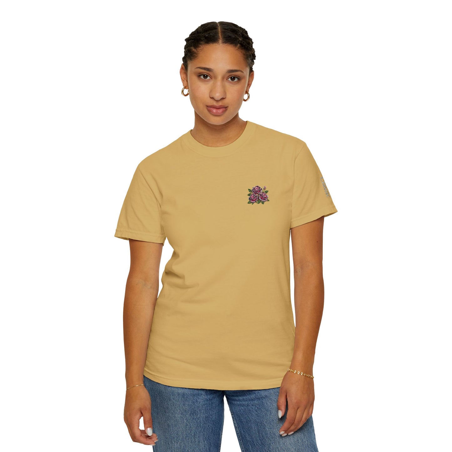 Simple Rose Bouquet Embroidered T-Shirt with Sleeve Detail