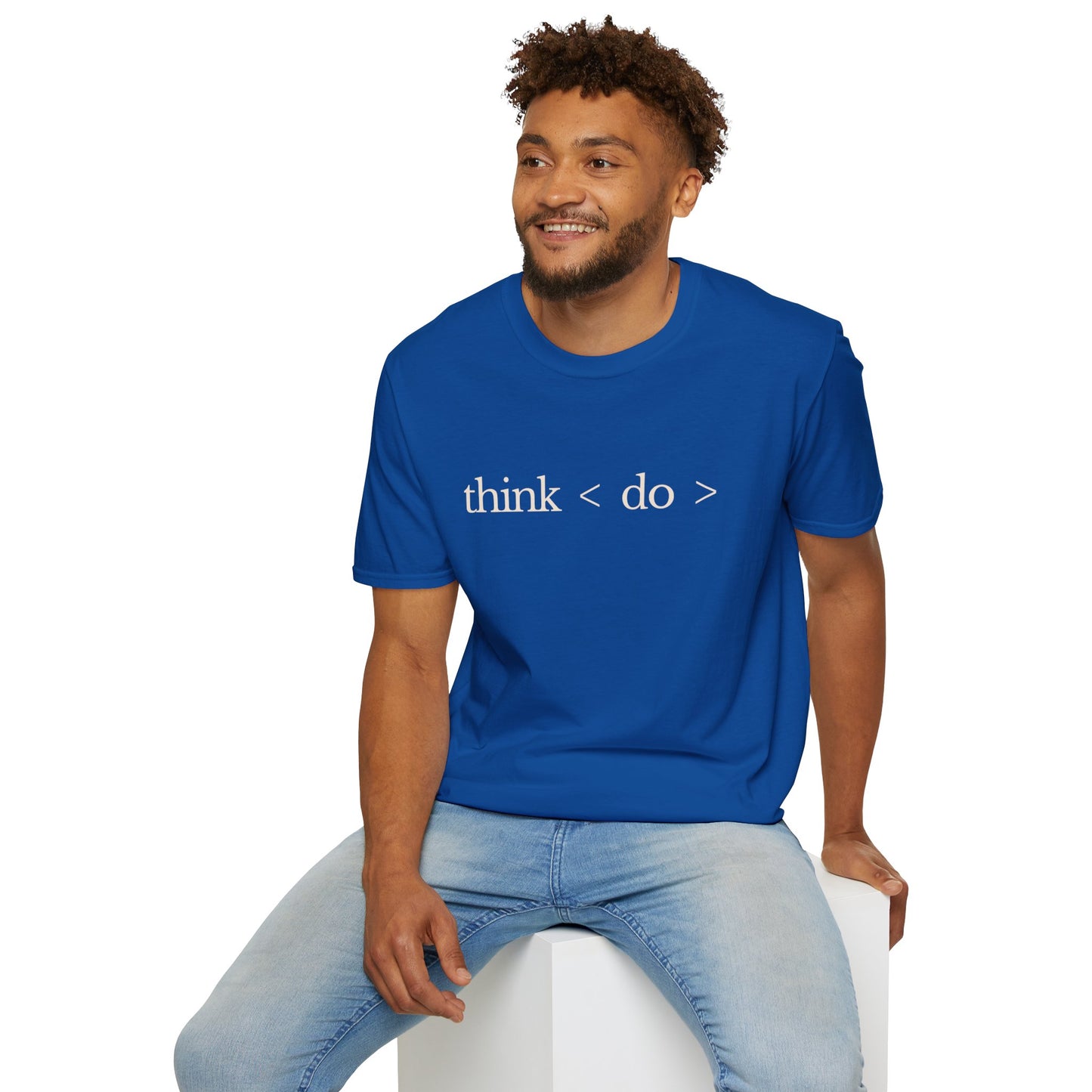 think < do > Unisex Softstyle T-Shirt | Minimalist Inspirational Tee with Momentum Back Detail