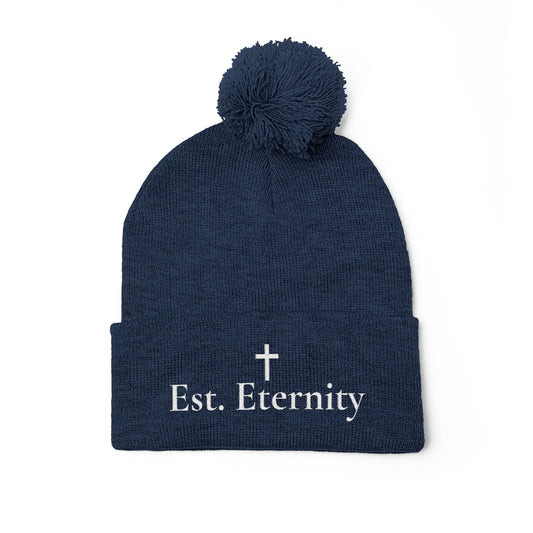 Embroidered 'Eve, Eternity' Pom-Pom Knit Cap — Cozy Christian Beanie