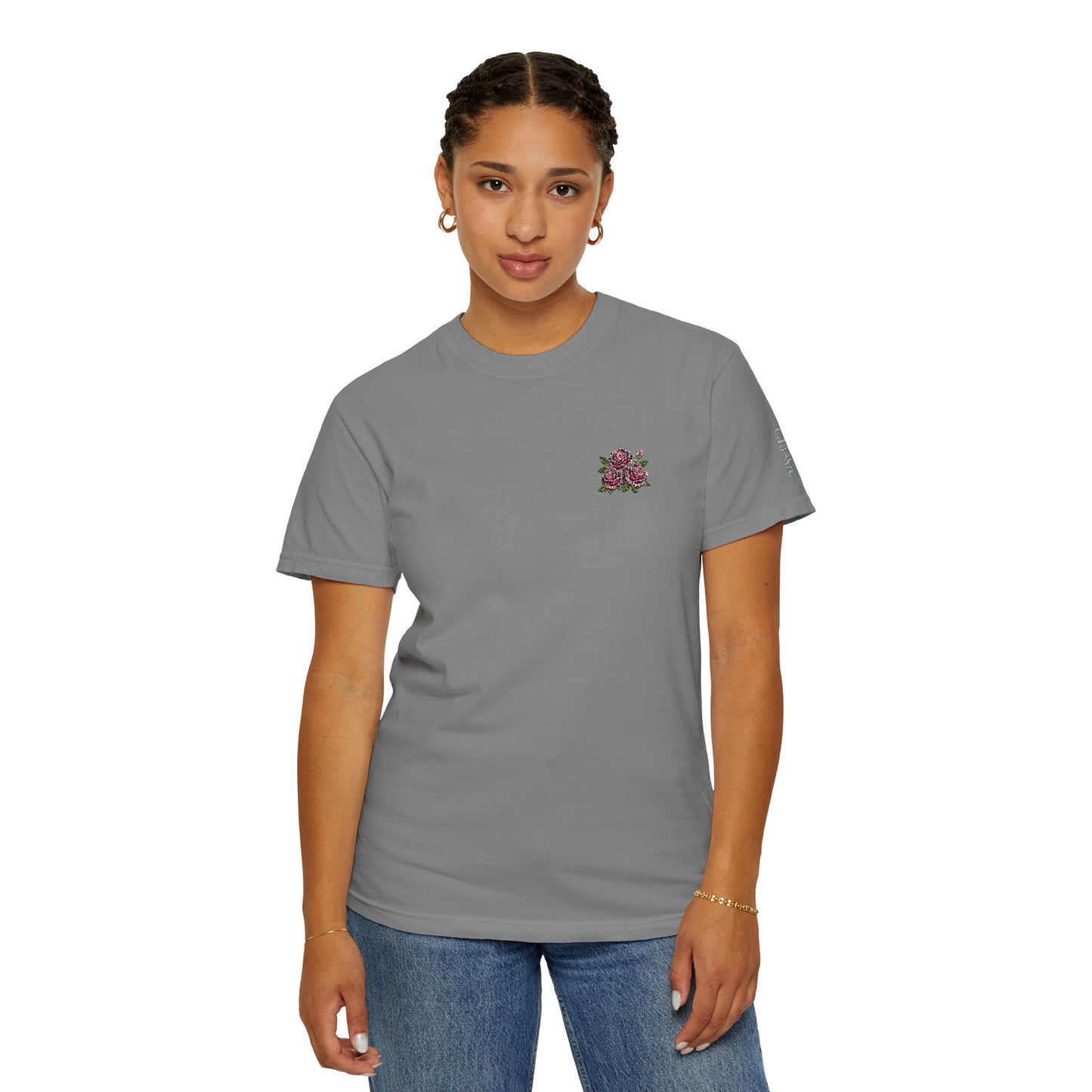 Simple Rose Bouquet Embroidered T-Shirt with Sleeve Detail