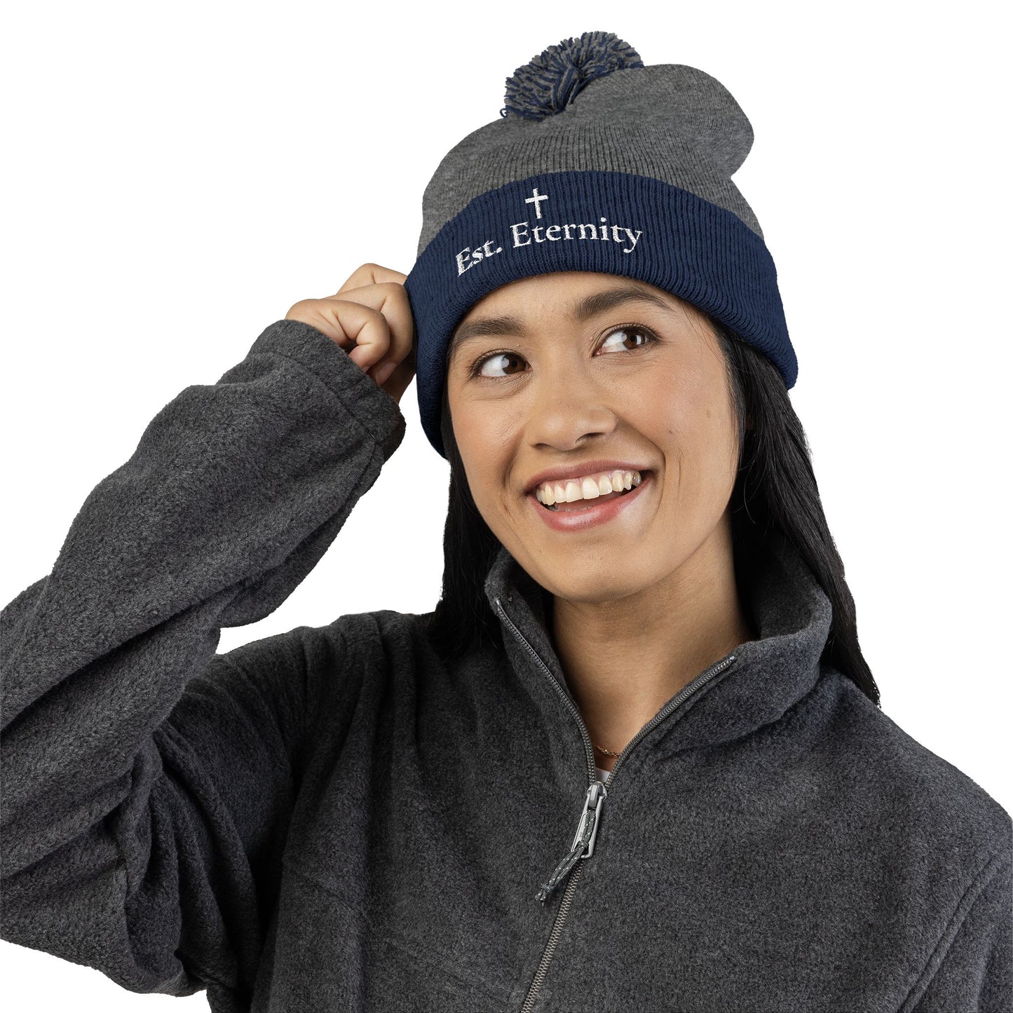Embroidered 'Eve, Eternity' Pom-Pom Knit Cap — Cozy Christian Beanie