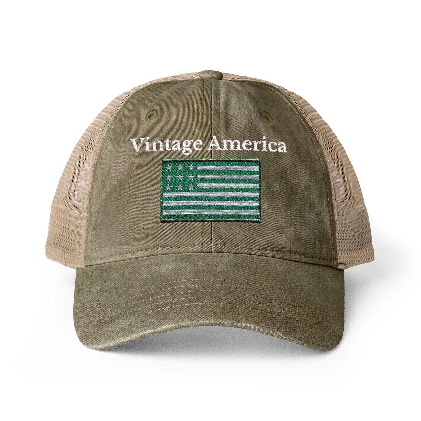 Vintage America Women’s Washed Mesh-Back Cap – Embroidered Olive Heritage Flag Hat