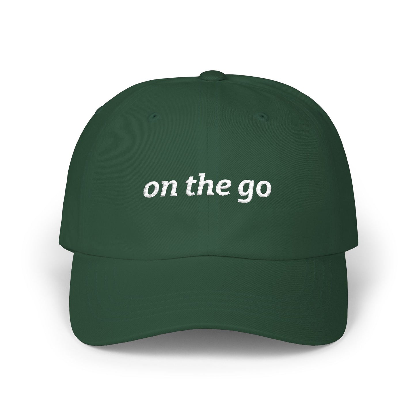 on the go embroidered classic dad cap - small arrows on back, white thread