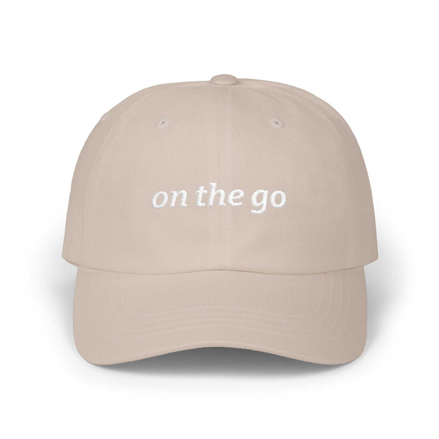 on the go embroidered classic dad cap - small arrows on back, white thread