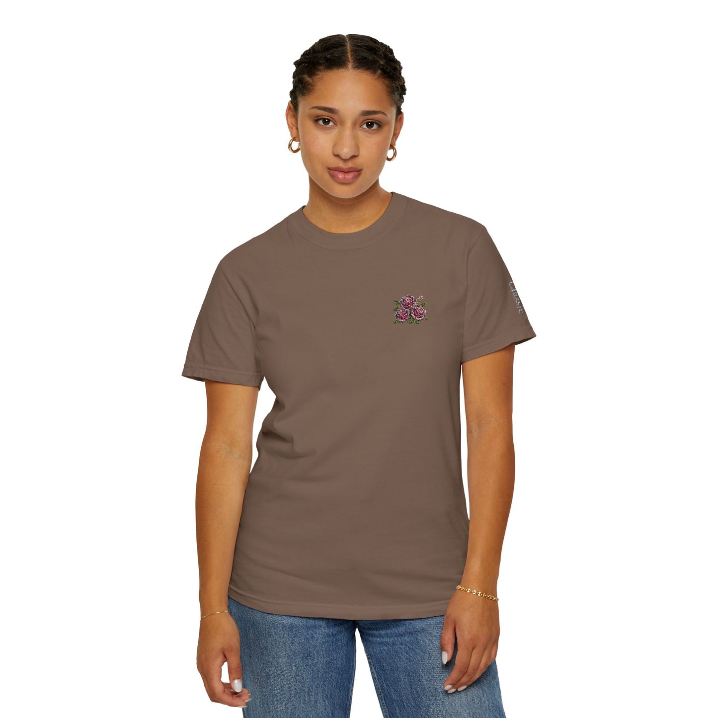 Simple Rose Bouquet Embroidered T-Shirt with Sleeve Detail